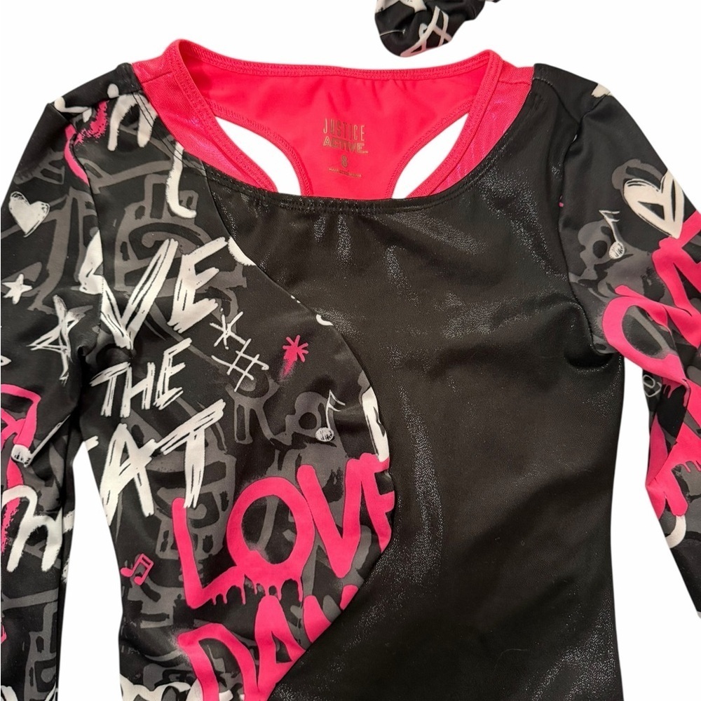 Dance Long Sleeve Leotard music Black Hot Pink shimmer sz 8 gymnastics scrunchie - Picture 2 of 4